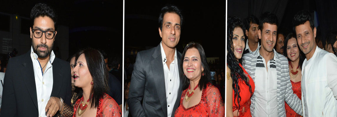 Bollywood Actor Abhishek bacchan, Sonu Sood & Music Directors Manmeet Singh and Harmeet Singh (Meet Bros) With Vighnaharta Entertainment Pvt.Ltd (M.D.) Archana Dange at STAR-STUDDED 3RD BRIGHT AWARD FUNCTIONS IN MUMBAI.